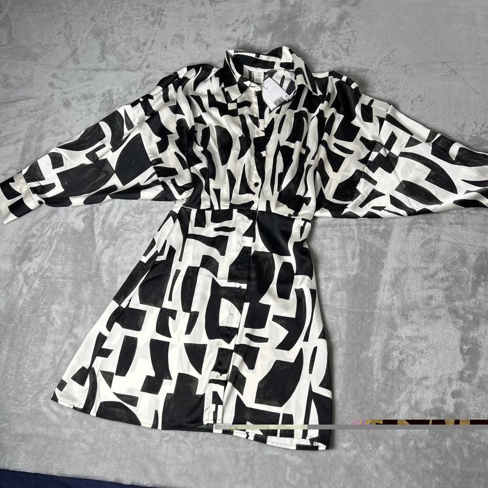 H&M Women's Button Down Black White Shirt dress Size XS NWT Long Sleeves